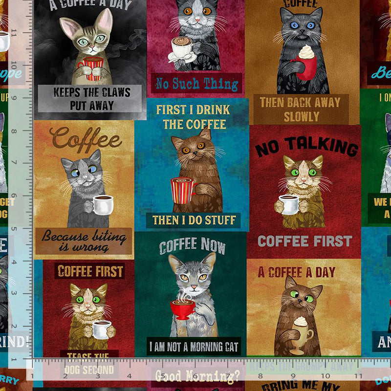 Caffeine Cats GAIL-CD3340 MULTI Coffee Cats by Gail Cadden for Timeless Treasures