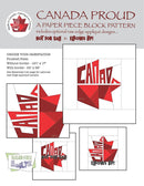 Canada Proud quilt pattern cover show quilting design block spelling Canada and one-half of a maple leaf.