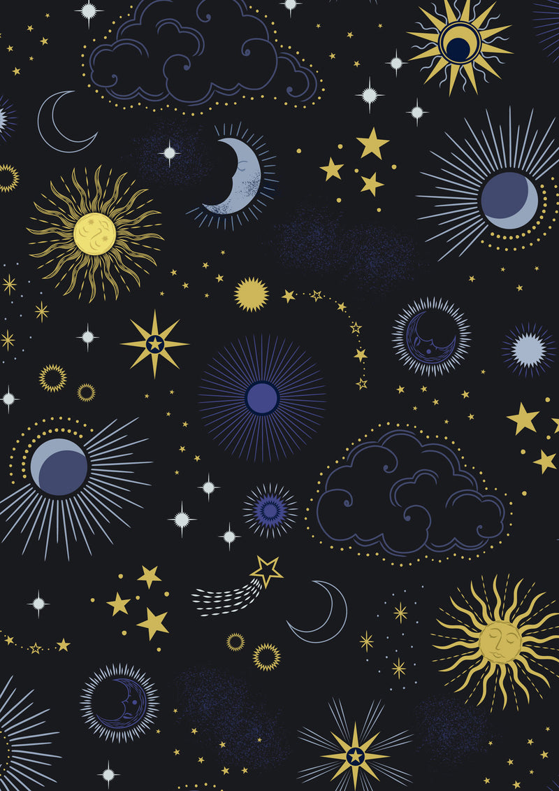 Celestial A754.3 Celestial skies on black with gold metallic by Lewis & Irene