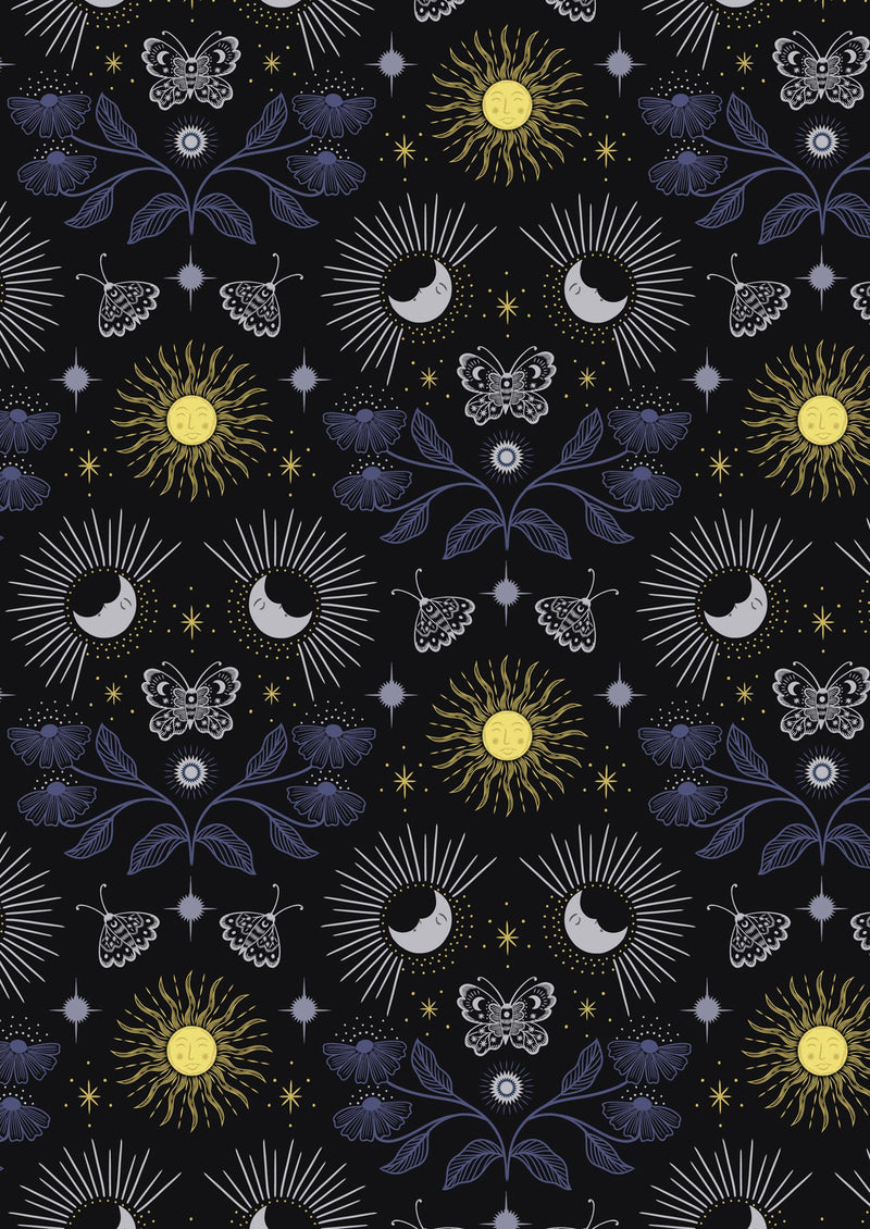 Celestial A757.3 Celestial garden on black with gold metallic by Lewis & Irene