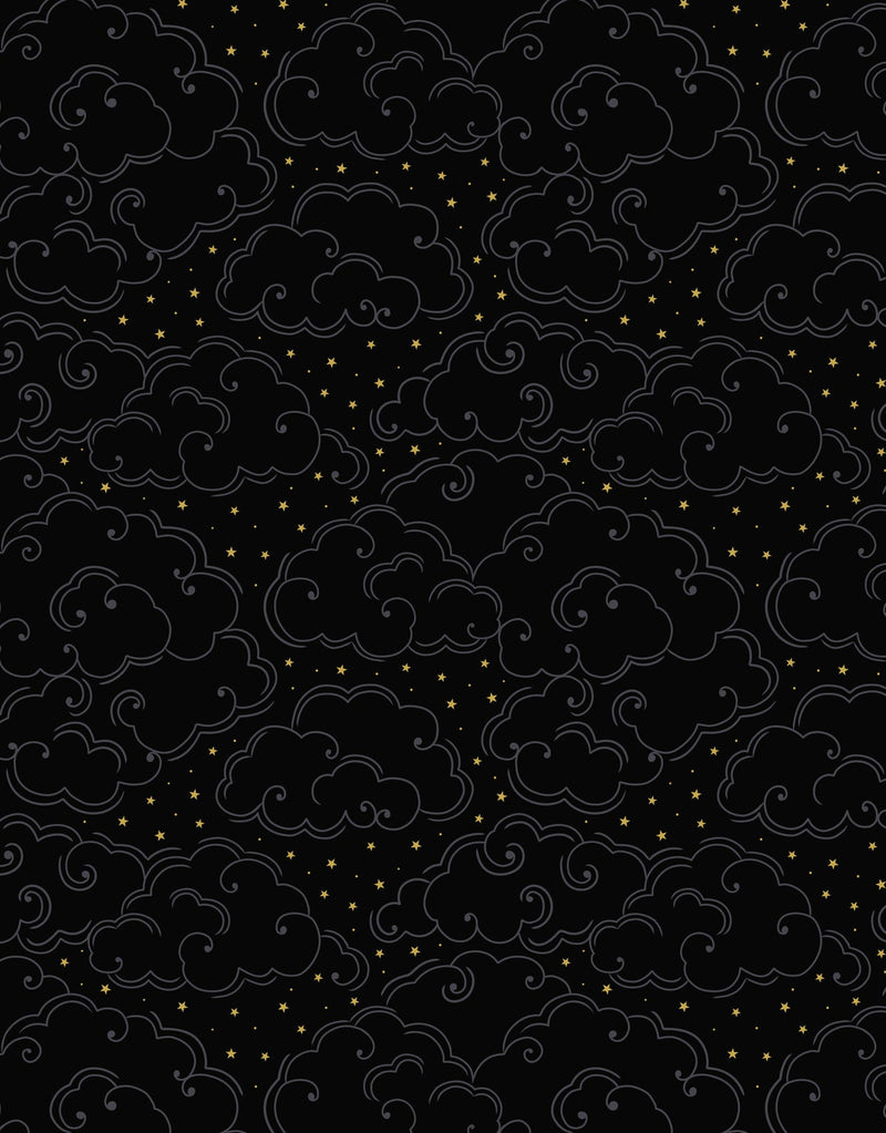 Celestial A758.3 Celestial clouds on black with gold metallic by Lewis & Irene