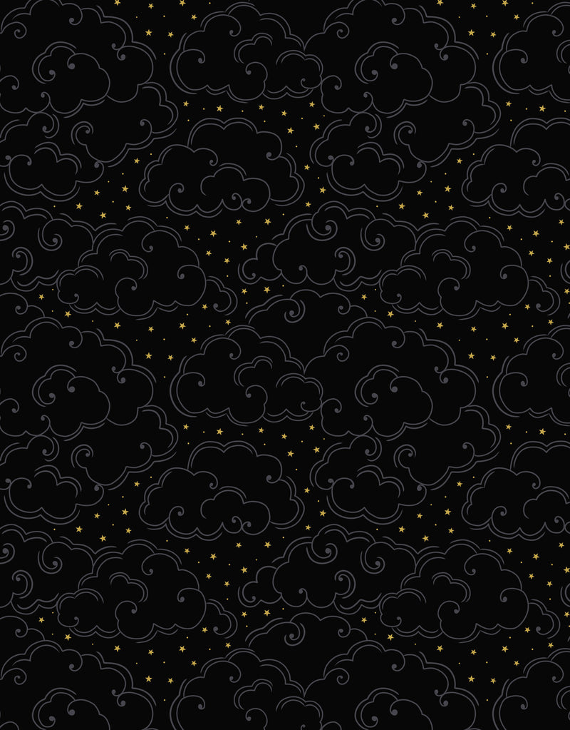 Celestial A758.3 Celestial clouds on black with gold metallic by Lewis & Irene