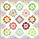 Chrysanthemum Free PDF Quilt Pattern with colorful flower blocks on a white background.