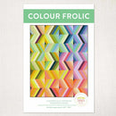 Colorful quilt pattern with 'Colour Frolic' text on a white background