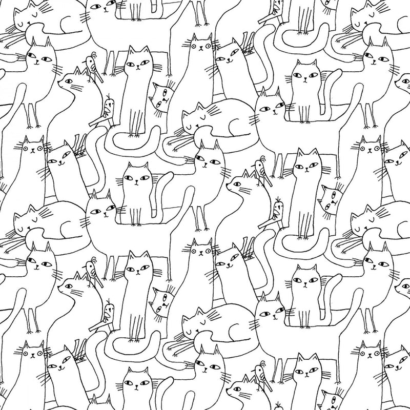 Cosmo Cats 16133-09 White/Black Outline Cats by Terry Runyan for Benartex