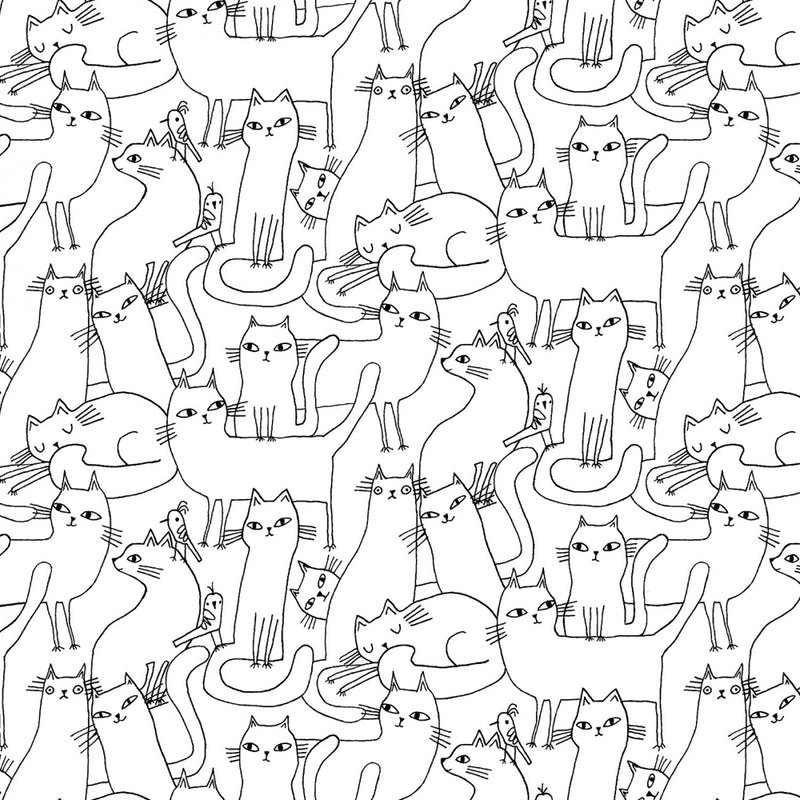 Cosmo Cats 16133-09 White/Black Outline Cats by Terry Runyan for Benartex