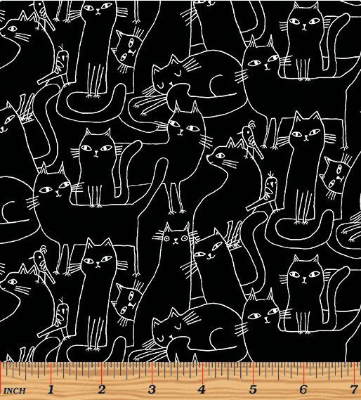 Cosmo Cats 16133-12 Black/White Outline Cats by Terry Runyan for Benartex
