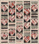 Country hearts quilt with heart-shaped patchwork design in red, white, and black on a beige background.