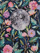 Moon Secrets cross stitch with floral patterns on a black background with a the moon centered in design.