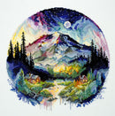 On Top of the World cross stitch features a mountain scene with cabins and lake in a nighttime setting.