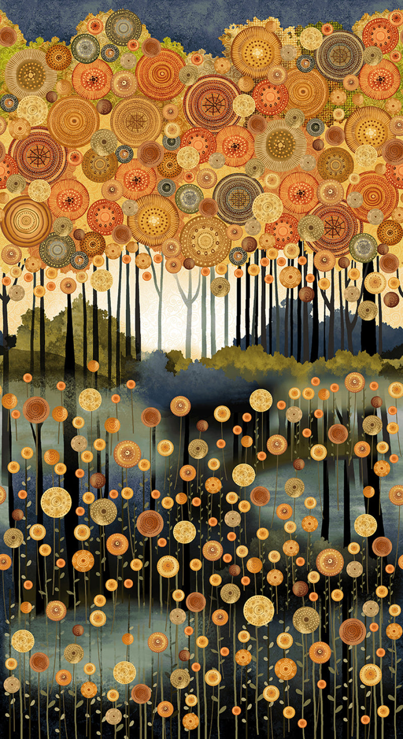 Crow-mazing 3445-38 Ochre Rust Multi Border Trees by Jan Mott for Henry Glass.