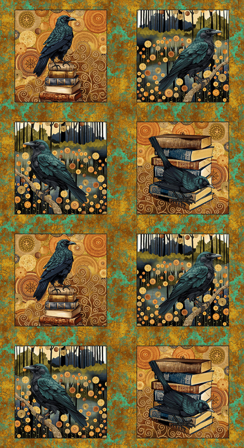 Crow-mazing Panel 3446-38 Ochre Multi Crow Blocks by Jan Mott for Henry Glass.