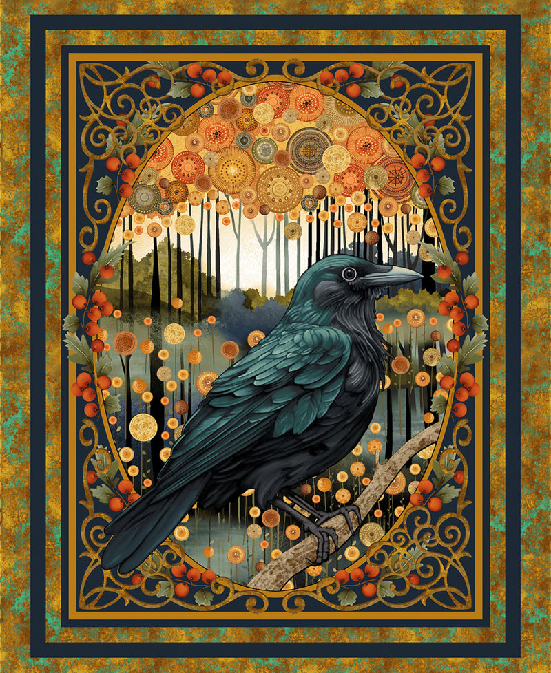 Crow-mazing Panel 3447P-38 Ochre Multi Crow Portrait Panel by Jan Mott for Henry Glass.