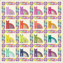 Curiousity Free PDF Quilt Pattern with colorful cat shapes in a grid layout.