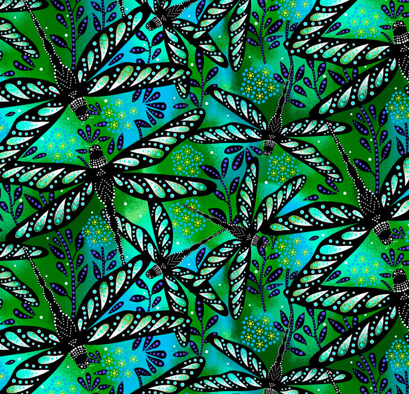 Dragonflies BA-0004 Green by Betty Albert-Licenz for International Textiles