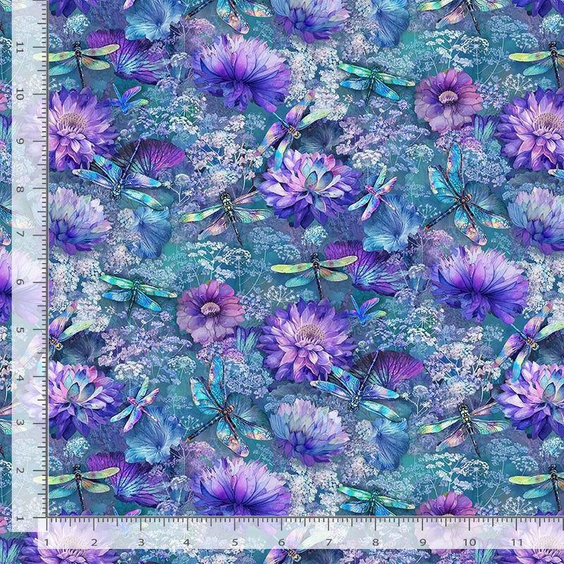 Dragonfly Mist NATURE-CD3894 MULTI Flying Dragonflies & Floral by Timeless Treasures