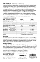 Dream Star FPP Quilt Pattern back cover with fabric requirements and notations