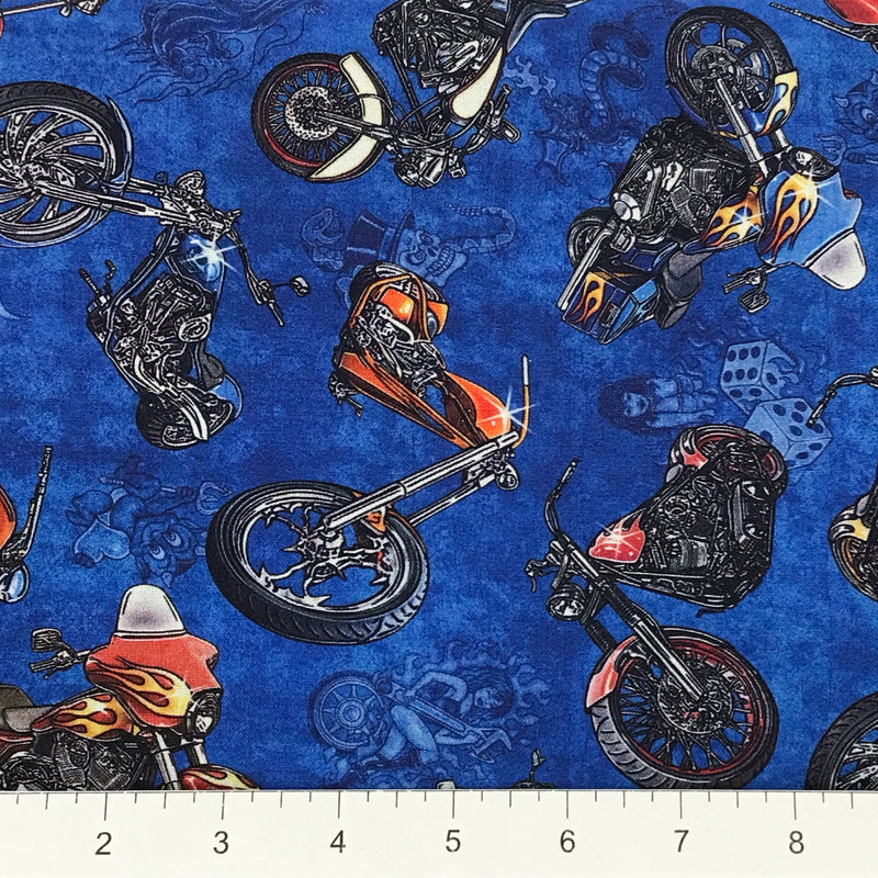 Easy Rider 27481-B Blue Motorcycle Toss by Dan Morris for QT Fabrics