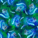 Echoes of the Moon KE-0008D ROYAL GREEN Allover Wolf by Karen Erickson for International Textiles