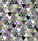 Equilateral Free PDF Quilt Pattern has a pattern of triangles in various colors and designs on a textured background.