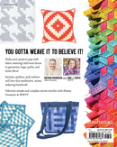 Back book cover of Fabric Weaving with fabric weaving patterns, a pillow, and bags on a white background.