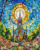 Faith in Full Color Panel 2188P-74 Turquoise/Multi Stained Glass Church Panel by City Art Studio for Henry Glass Fabrics
