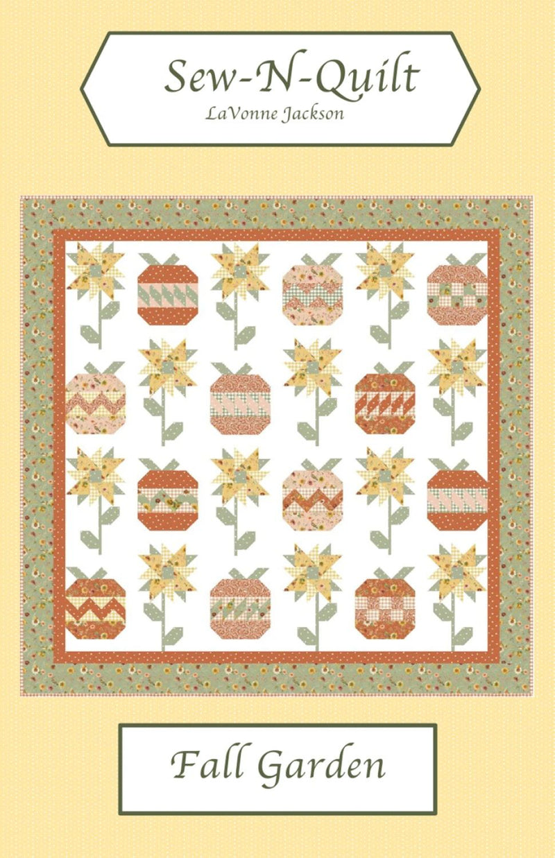 Quilt pattern cover titled 'Fall Garden' by Sew-N-Quilt with a design of pumpkins and flowers.