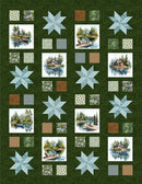Farmer's Stardust quilt pattern shows stars and scenic designs on green background.