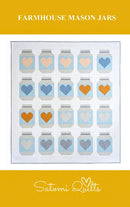 Quilt pattern featuring jars with hearts on a yellow background, labeled 'Farmhouse Mason Jars' by Satomi Quilts.