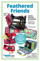Feathered Friends sewing machine accessories pattern with colorful bags and patterns, designed for a Singer featherweight sewing machine.