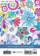 Colorful floral design on a product packaging with text 'Never forget a password again!'