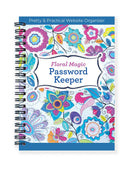 A spiral-bound notebook titled 'Floral Magic Password Keeper' with a colorful floral pattern cover, shown on a plain white background.