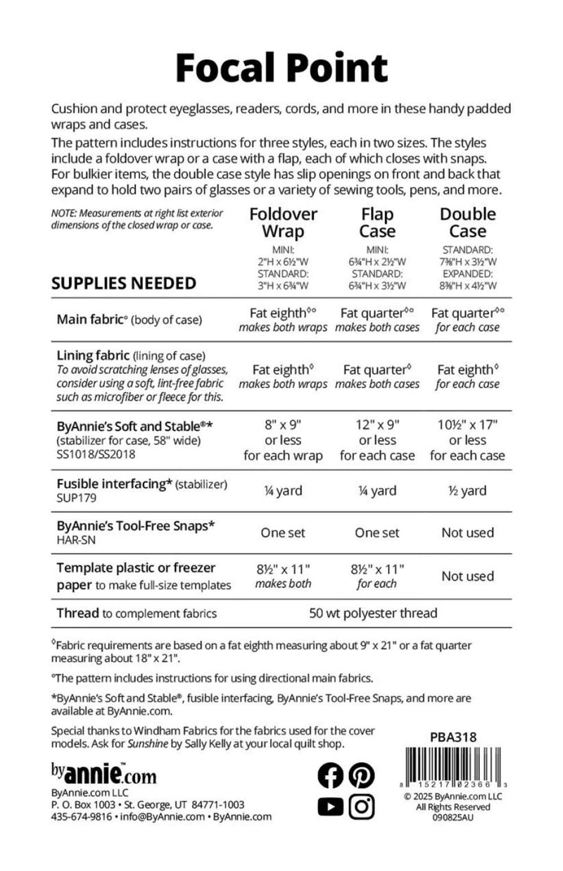 Back cover of pattern Focal Point with fabric and notion requirements.