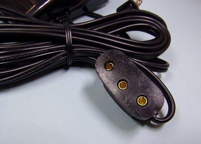 Foot Control Pedal with 2-Wire Cord System for Singer 221 Featherweights using Round Pin Terminals showing plug end.