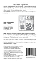 Back cover of a sewing pattern book titled 'Fourteen Squared' with fabric requirements and design illustrations.