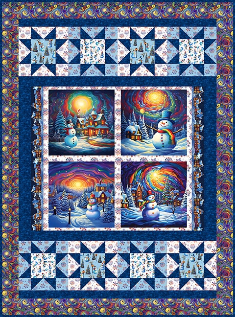 Quilt with snowy landscape scenes and colorful borders called Frosty Night  Quilt Pattern.