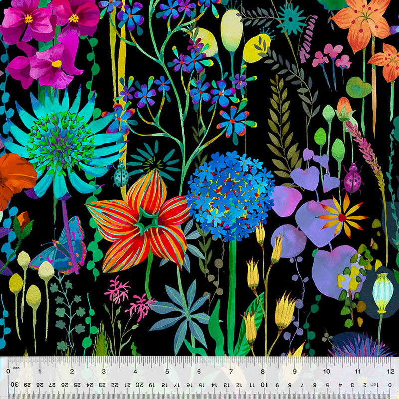 Gardenia Cotton Lawn 53803DL-1 Black Flora by Sally Kelly for Windham Fabrics