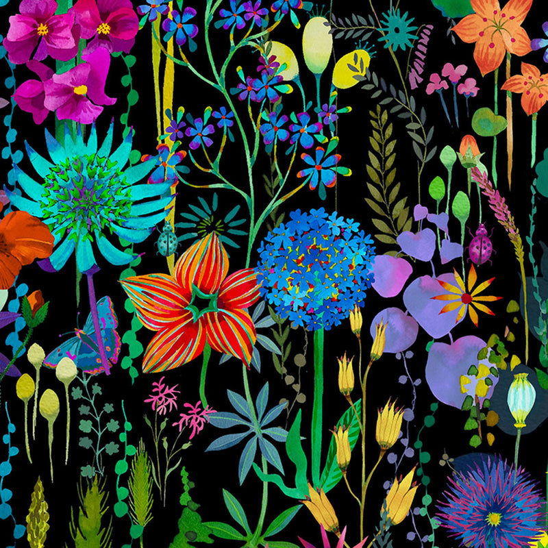Gardenia Cotton Lawn 53803DL-1 Black Flora by Sally Kelly for Windham Fabrics