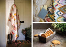 Collage of a quilt hanging on a door, a close-up of a quilt, and cookies in a tin from the book, Gathered - Quilt Recipes 2.