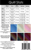 Gemstones quilt size chart with fabric requirements for different quilt sizes, and different color combinations.