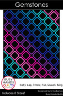 Gemstones pattern cover shows a colorful quilt pattern with geometric design on a black background, featuring the brand 'Busy Hands Quilts'.