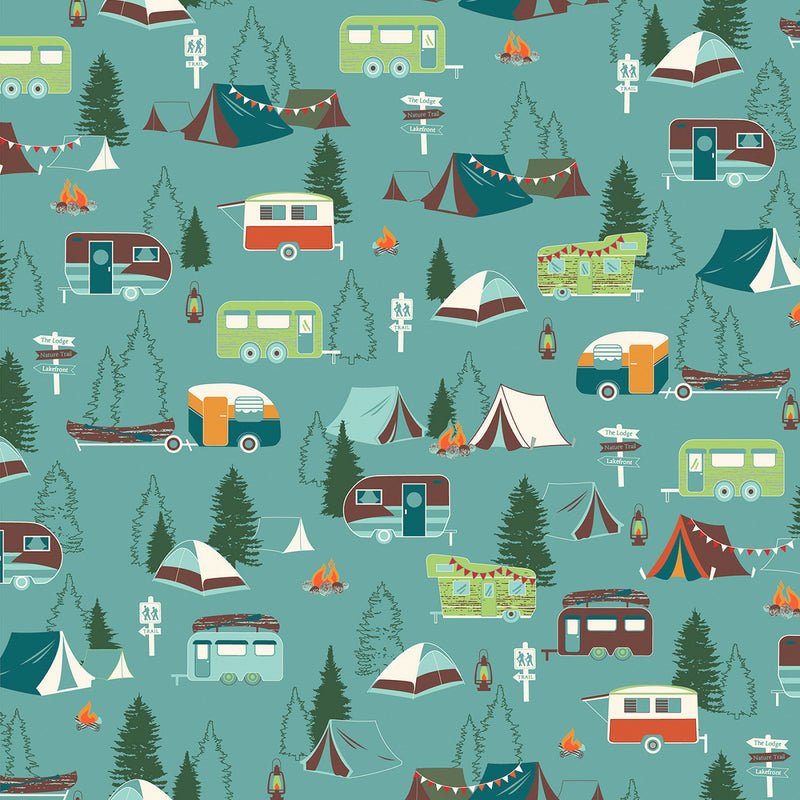 Great Outdoors Comfort Flannel 14664F-84 Campgrounds Teal by Greta Lynn of Kanvas Studio for Benartex