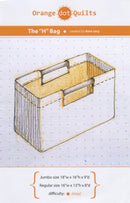 Illustration of 'H' bag with dimensions and difficulty level on a grid background, branded with Orange Dot Quilts.