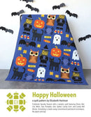 Happy Halloween pattern cover shows a Halloween-themed quilt with cartoon characters on a blue background.