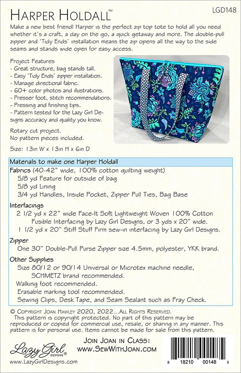 Harper Holdall Zip Top Tote Pattern Picture of the Back of Pattern Lazy Girl Designs LGD148