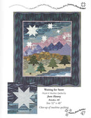 Quilt called 'Waiting for Snow' by Joan Hawey, showing a finished quilt design with a snowy landscape, mountains, and starry sky, plus a close-up inset of a star motif and text detailing the piece and size.