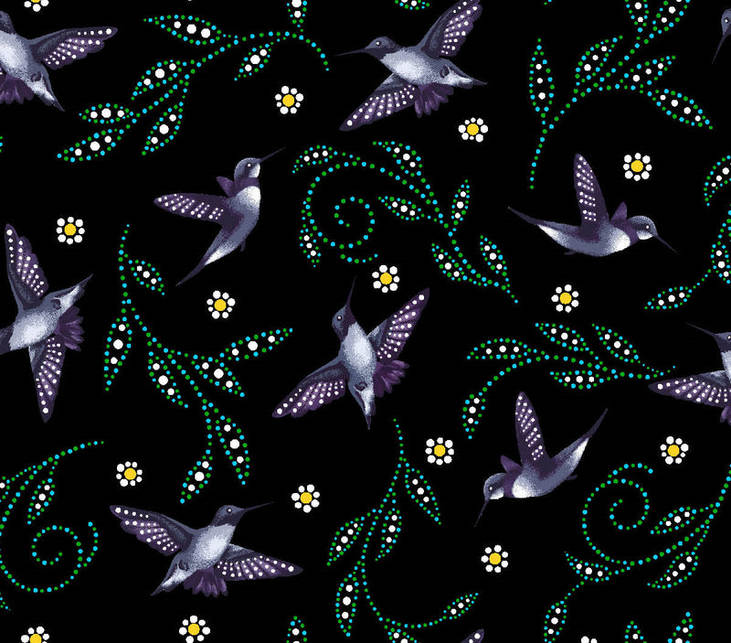 Hummingbirds BA-0007 Black Allover by Betty Albert-Licenz for International Textiiles