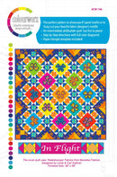 Colorful In Flight quilt pattern with butterfly design on a white background, featuring text and branding for Colourwerx.