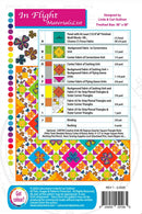 A printed materials list sheet for the In Flight quilting pattern, showing a colorful fabric swatch chart, finished size measurements, and a blue footer with copyright text and a Got Colour! logo.