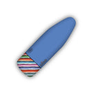 Blue ironing board cover by Oliso with colorful striped pattern on a white background